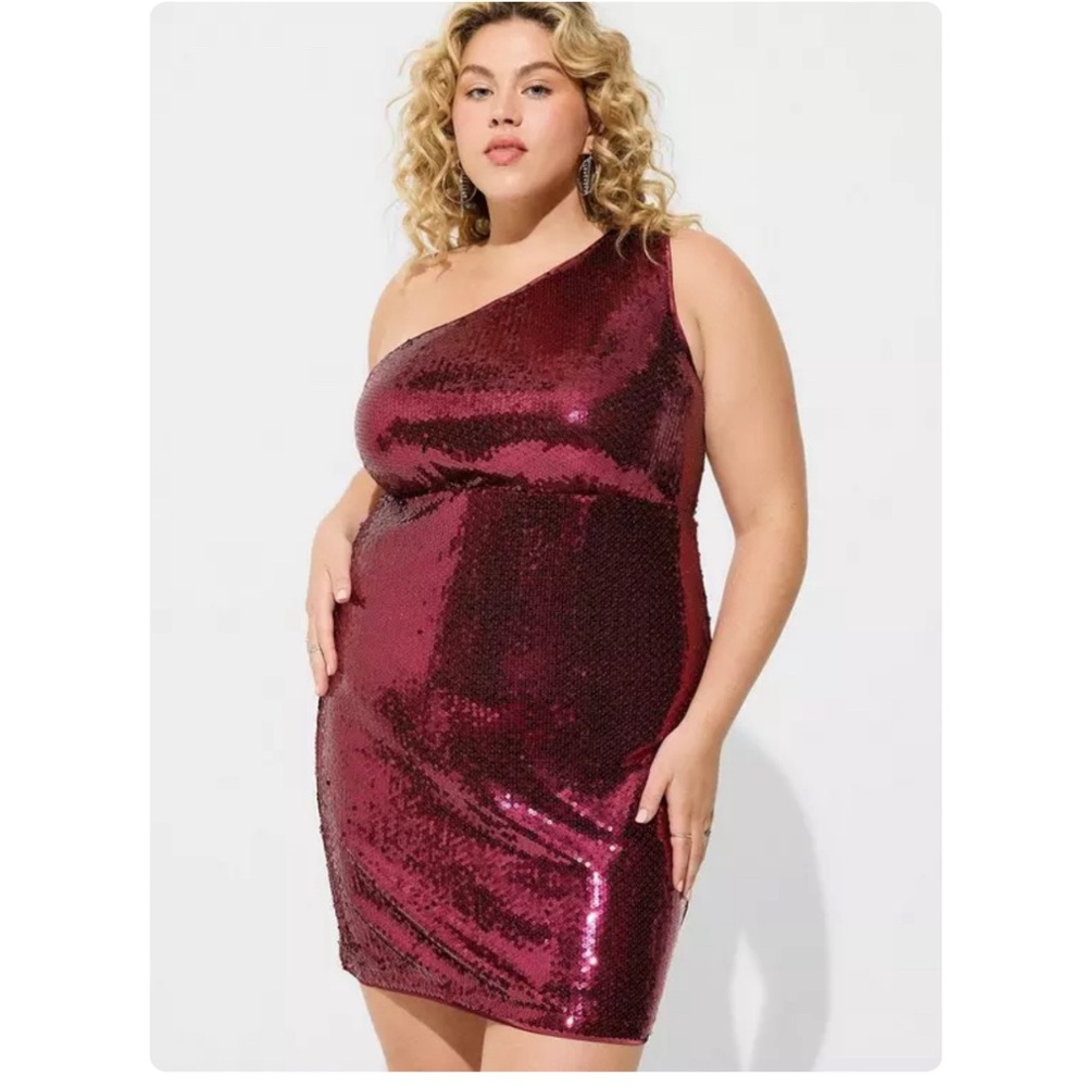 Torrid Mini Stretch Sequin Shirred One Shoulder Dress size 18 pink wine